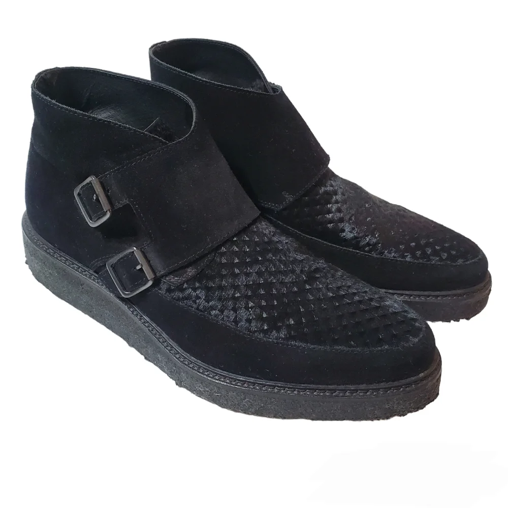 All Saints Mens Black Boot Double Monk Crepe Sole Leather Suede Hair EU …